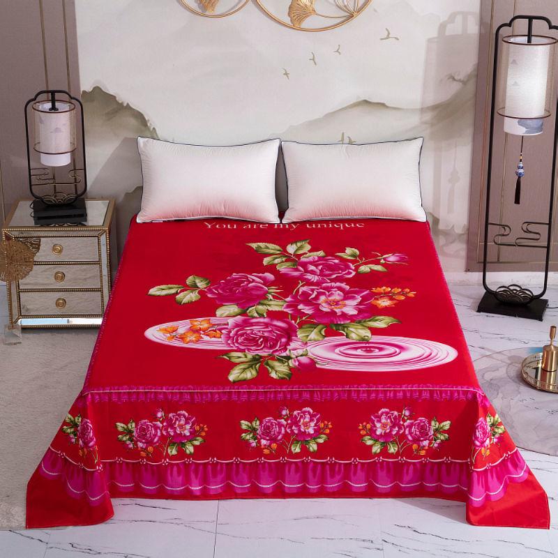 Thicken Brushed Flat Sheet Soft Sanding King Size Bed Sheet Red Wedding Bed Sheet for Cozy Sleep