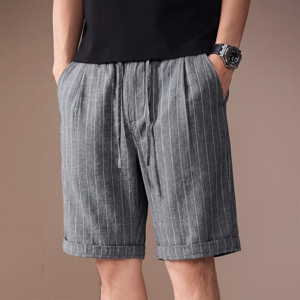 Hochwertige amerikanische Retro-Kontrastfarbe vertikale Streifen Leinen-Baumwollmischung lässige Shorts Herren Sommer dünn trendige Fünf-Punkt-Hose