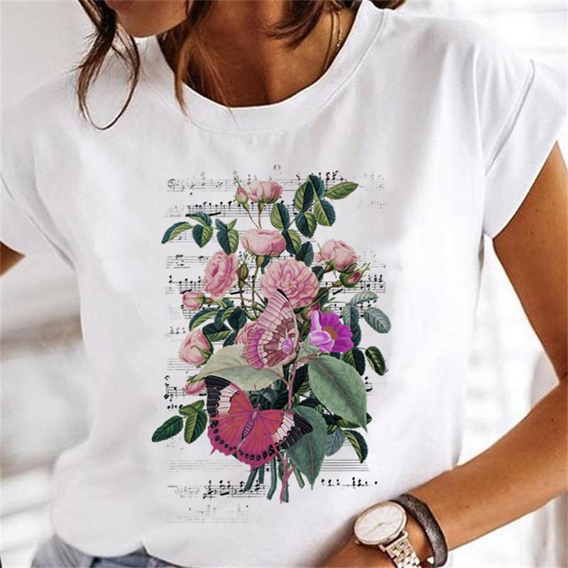 Summer Print Crew Neck Flower Plant Cut 90's T-shirt Top Short Sleeve Fashion Women's Cartoon Casual Graphic T-shirt.