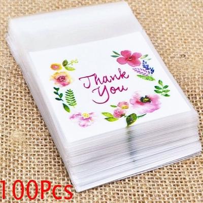 100Pcs Plastic Bags Thank You Cookie&Candy Bag Self-Adhesive for Wedding Birthday Party Gift Bag Bis