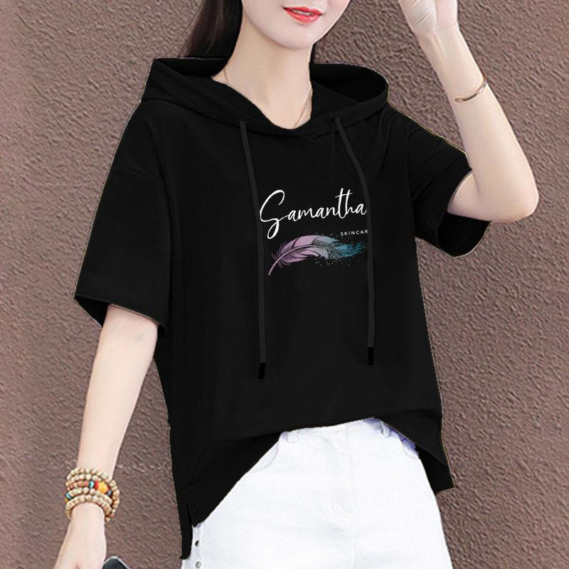 

Женская хлопковая футболка с капюшоном и рисунком из мультфильма - летний модный свободный топ с короткими рукавами XXXL чёрный