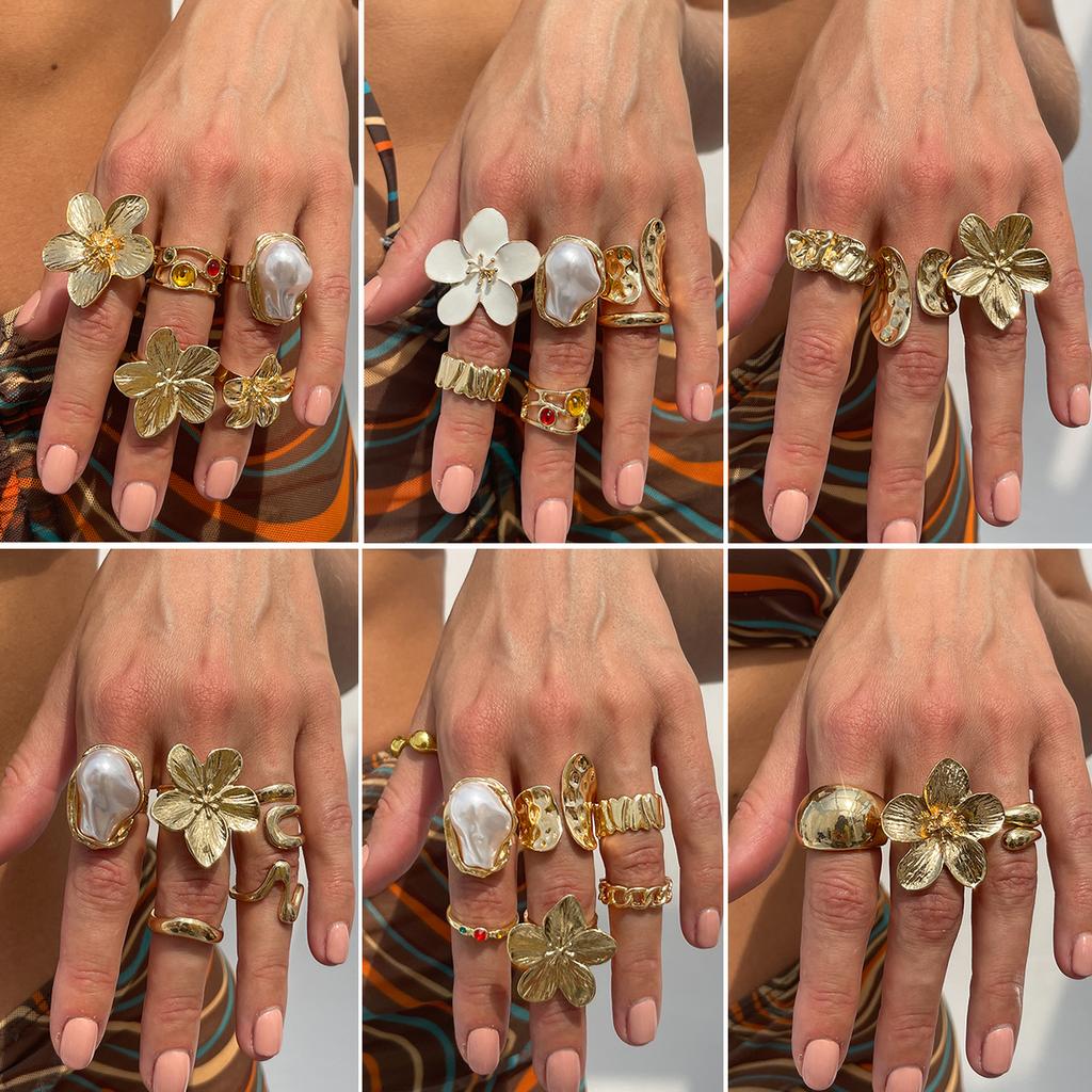 Ingemark 2026 New Fashion Metal Flower Open Rings for Women Creative Baroque Imitation Pearl Rings Y2K Bridal Wed Jewelry Gift