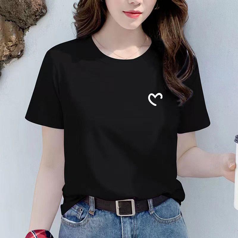 Women's Black Pure Cotton Plus Size Round Neck Short Sleeve T-shirt - 2025 Summer Versatile Loose Fit