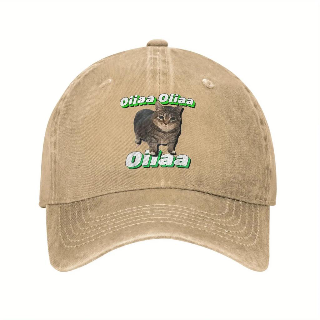 OIIAA Retro Spinning Cat Meme Baseball Cap Adjustable Lightweight Distressed Washed Black Hat with Green Text Casual Outdoor