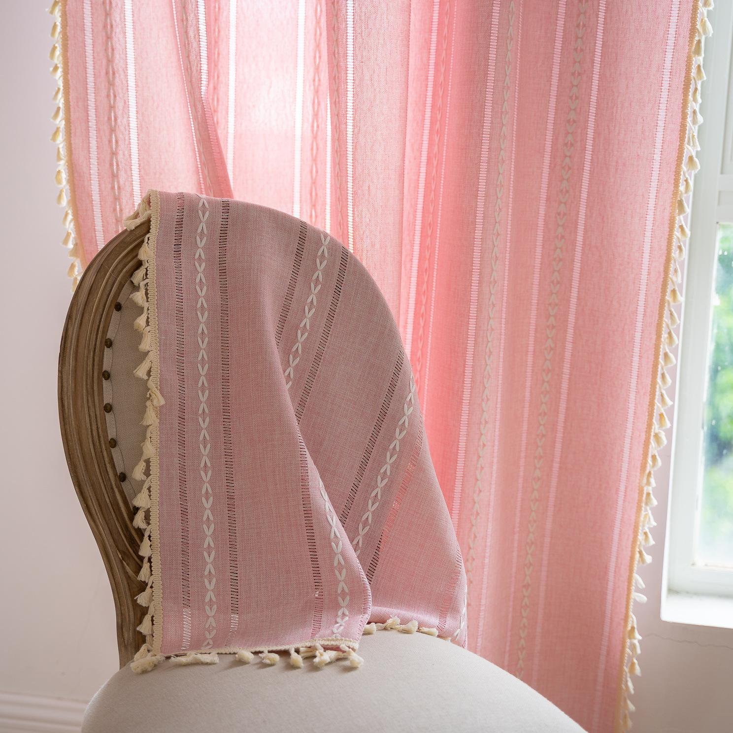 

Boho Curtain for Bedroom Dining Room Kitchen, Bohemian Chic Textured Embroidery, Vintage Handmade Tassels Decor Drape, 1 Panel W140xH120cm рожевий