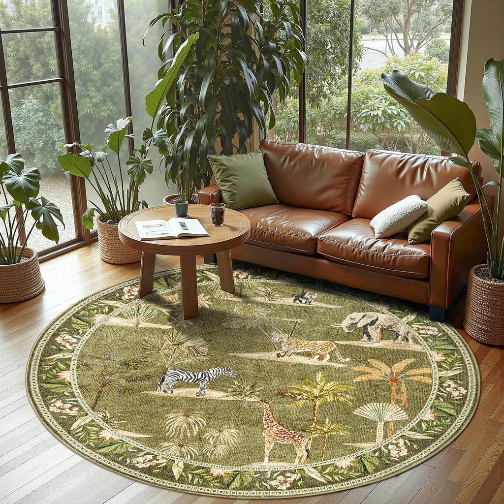 Round Living Room Carpet Foldable Machine Washable Green Jungle Animals Print Coffee Table Mats Bed Bedside Cloakroom Wool Rugs