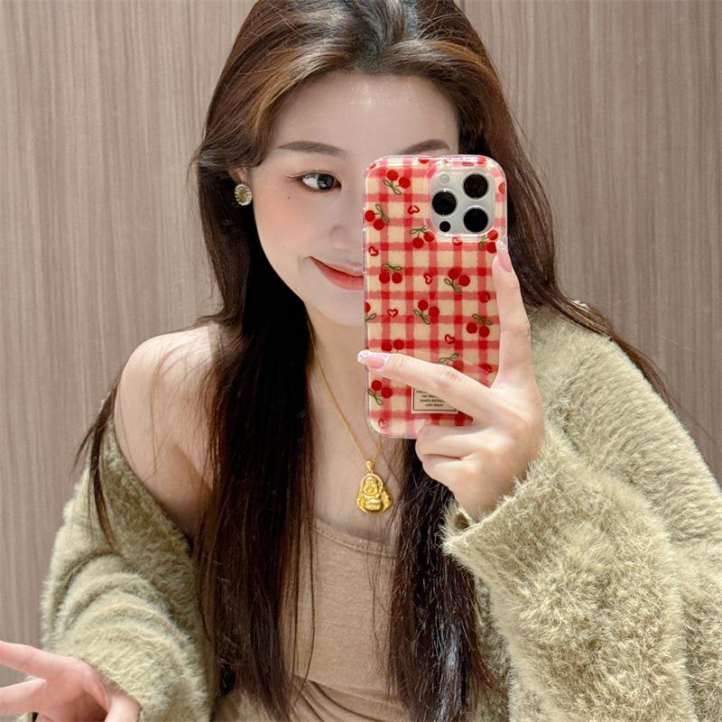 iPhone 17 Pro Max Cherry Blossom Red Plaid Case - Double Layer for Apple 16, 15, 14, 13