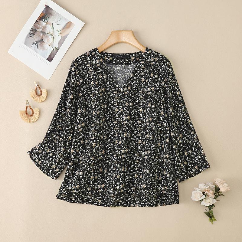 

ZANZEA Women Casual V-Neck Loose 3/4 Sleeve Floral Blouse L чорний