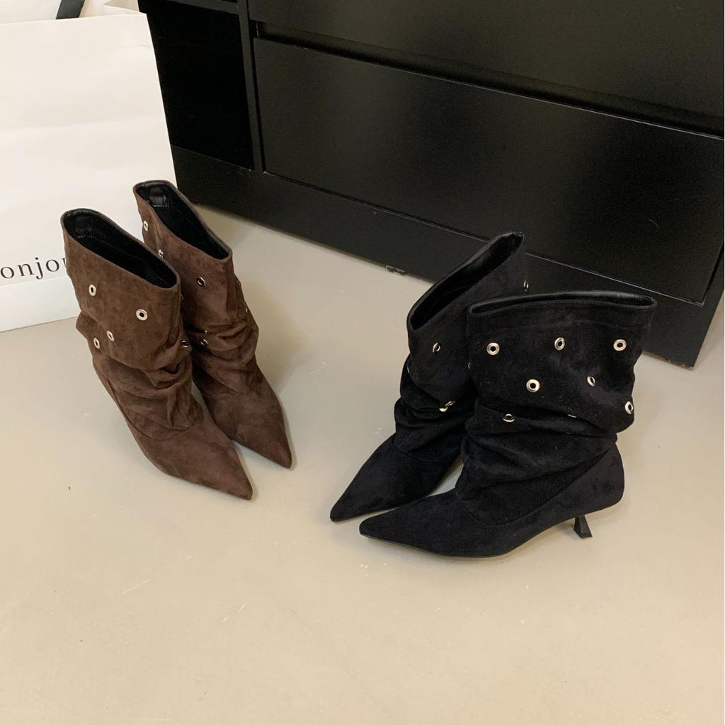 European and American fashion punk style riveted high-heeled short boots Spice Girls 2025 autumn and winter short tube pointed thin heel pleated p