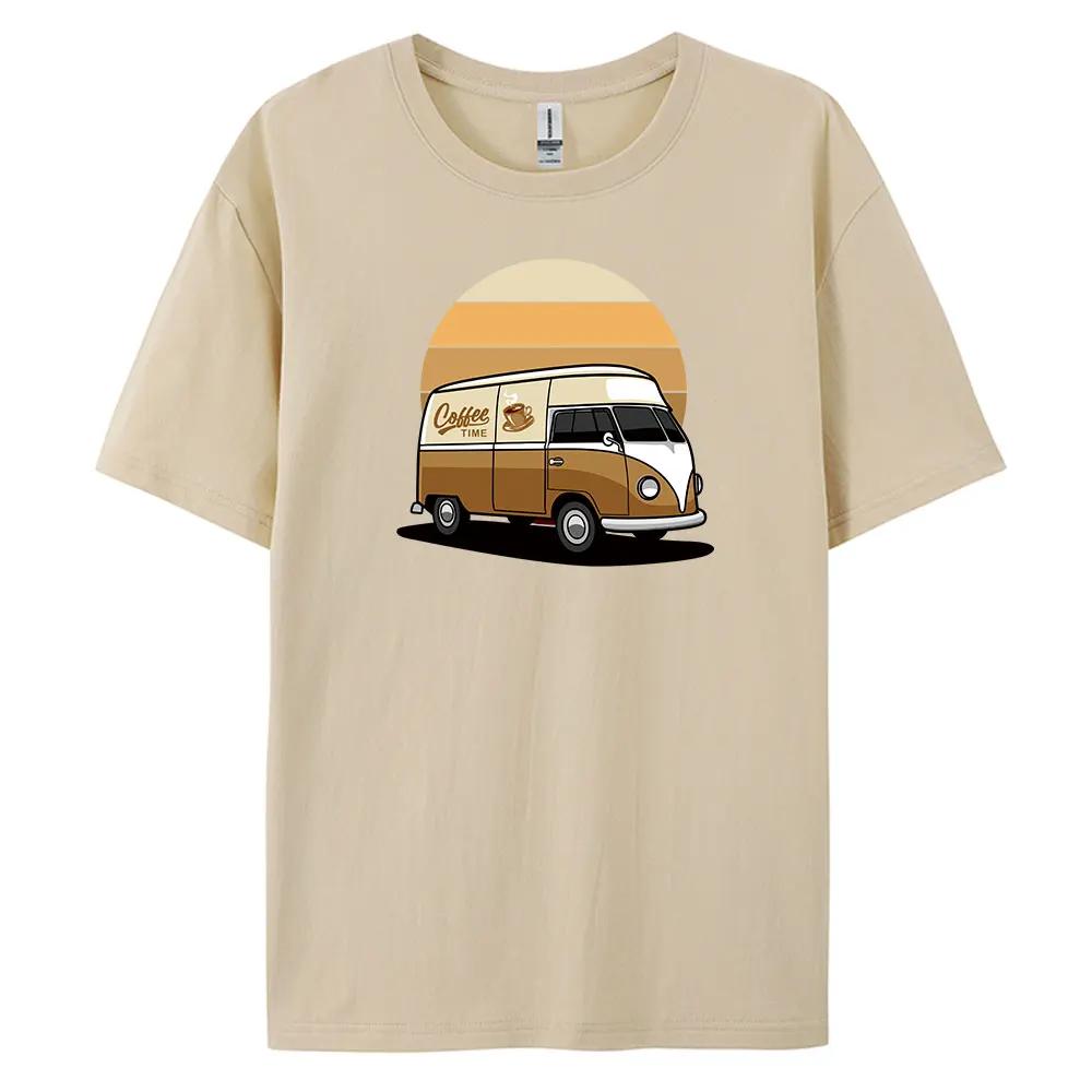 Men's Coffee Bus Pattern Printed 100% Cotton Casual Short-sleeved T-shirt, Street Trend High-quality Top