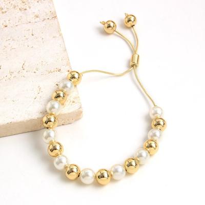 Pulsera apilada de perlas, chapada en oro de 18 quilates, brazalete ajustable de paso, joyería de moda y exquisita