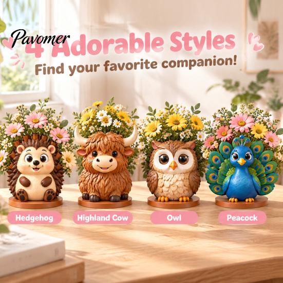 Whimsical Room Accessories Cartoon Animal Flower Vase, Desktop Storage Ornament with Highland Cow/Owl//Peacock/Hedgehog Design, Functional Tabletop