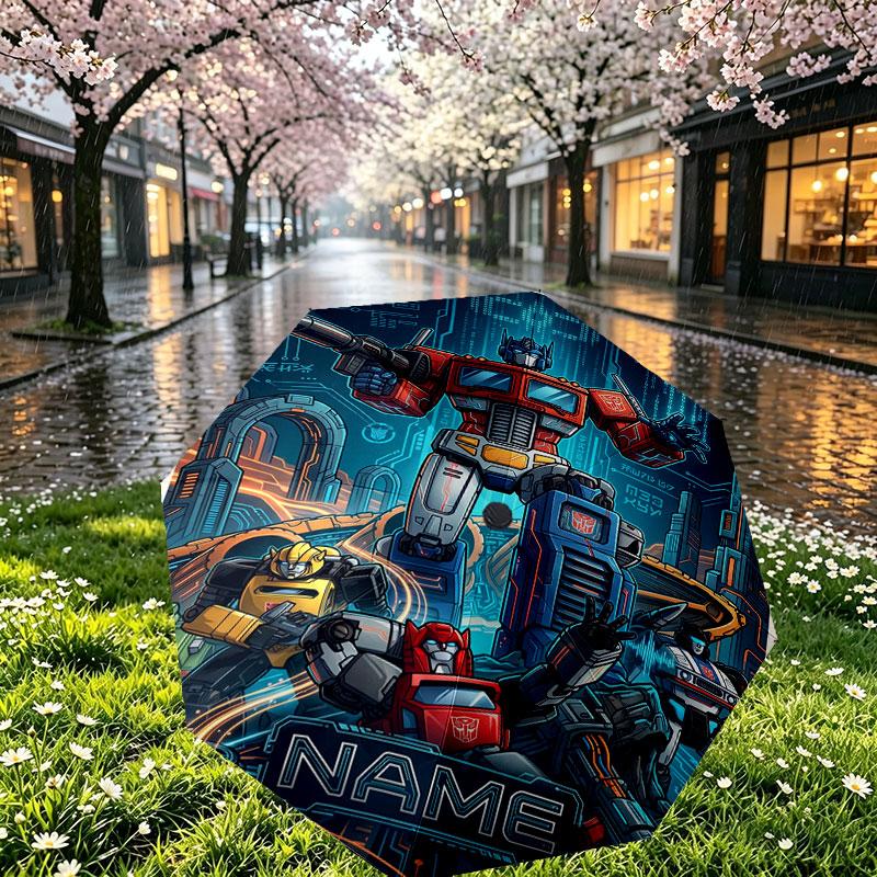 Custom Name Personalized Transformers Print Umbrella, Auto Open Close, 8‑Rib Sturdy Frame, Commute Camping Hiking Use, Birthday Gift