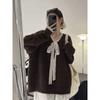 Soft waxy gentle wind lace splicing lace-up knitted sweater women's fashion solid color loose pullover sweater