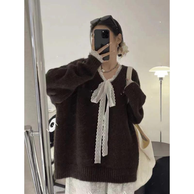 Soft waxy gentle wind lace splicing lace-up knitted sweater women's fashion solid color loose pullover sweater