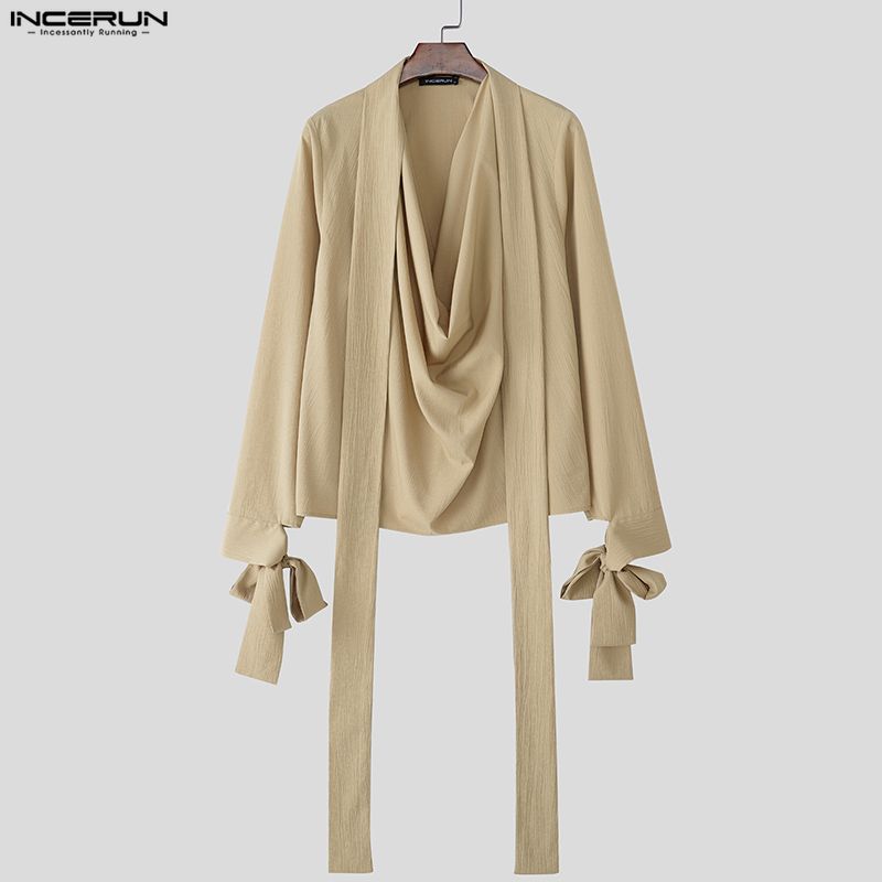 INCERUN Oversized Men Swing Collar Long Sleeve Ruffled Irregular Shirts Tops