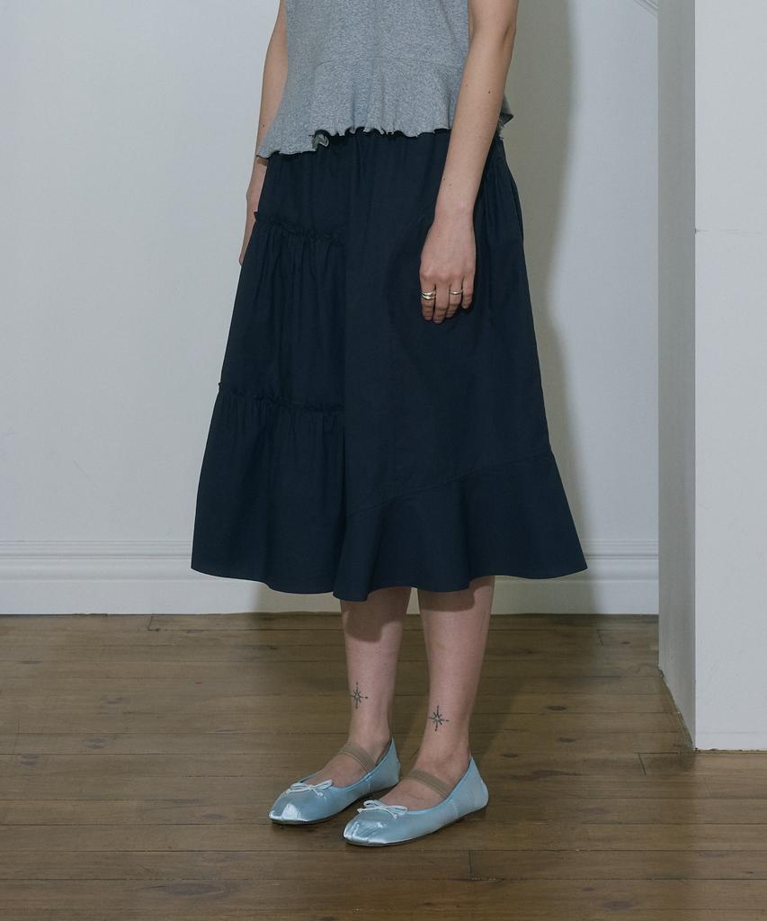 Apeijeu [Two Way] Cancan Shirring Long Skirt(Navy)