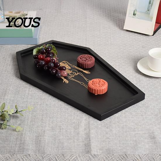 Halloween Party Serving Dish Gothic Tray with Engraved Skeleton, Wooden Charcuterie Board, Casket Creative Entryway Key Holder Shape Storage