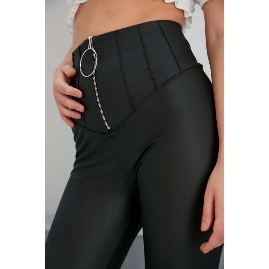 Women's Corset Zipper Detailed Black Matte Leather Leggings With Thermal Lycra Inside High Waist