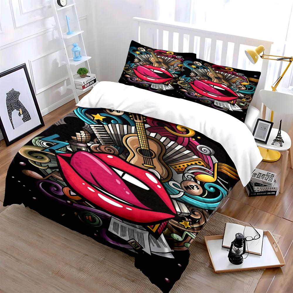 Pink lips, guitar, swirls. Bedding sets Duvet cover sets Duvet covers Pillowcases(1 * Duvet Cover 2 * Pillowcases without duvet insert)