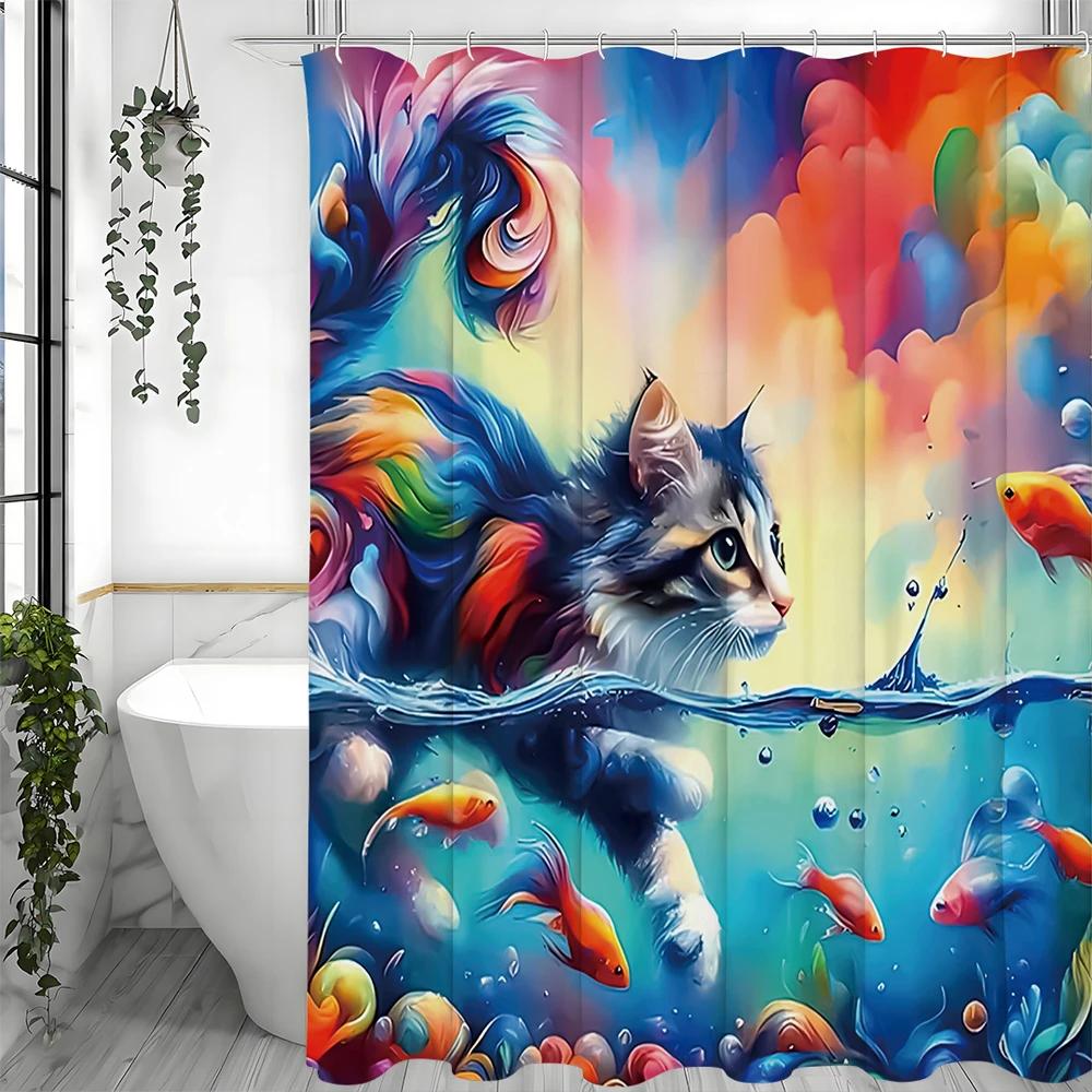 Cute Cat Swimming Goldfish Fantasy Sky Shower Curtain, Bathroom Decorative Shower Curtain, Waterproof Shower Curtain With Hooks W60H190(CM)-1 Pcs