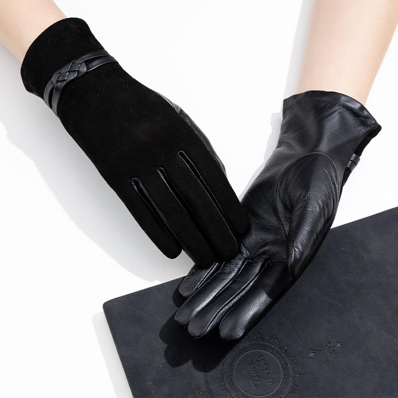 Adult Genuine Leather Gloves Women's Sheepskin and Cashmere Fashionable and Warm Skiing Full Finger and Two Finger Touch Screen Gloves
