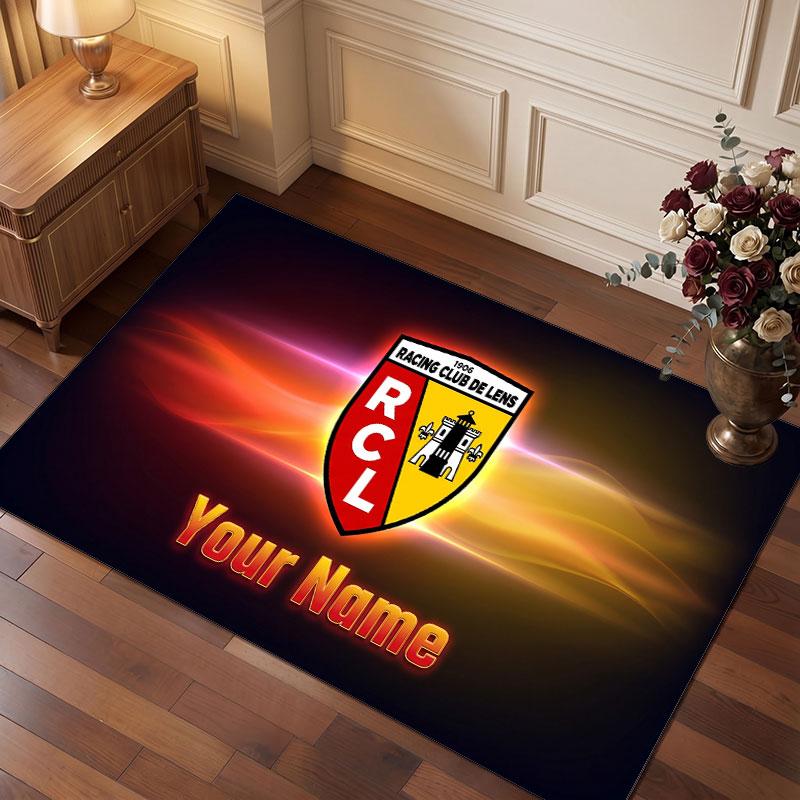 Racing Club de Lens Benutzerdefinierter Kristall-Samtteppich, Personalisierter Namens-Textdruck, Fußball-Logo Weiche Rutschfeste Fußmatte Heimdekoration Geschenk
