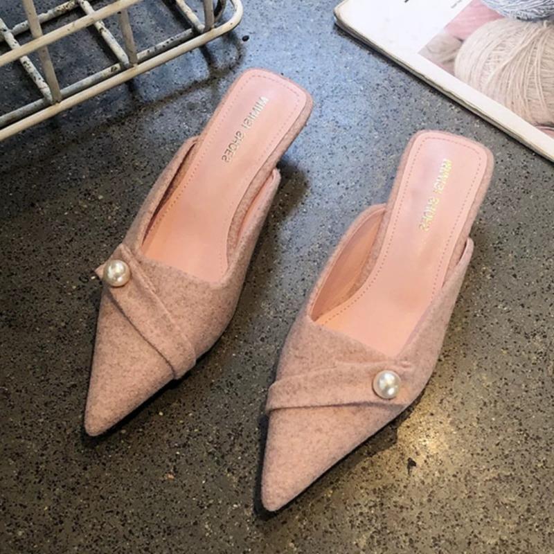 

Модные женские туфли-баотоу, весенние новинки, остроносые, с мелким вырезом, из замши, противоскользящие, износостойкие, на низком каблуке 35