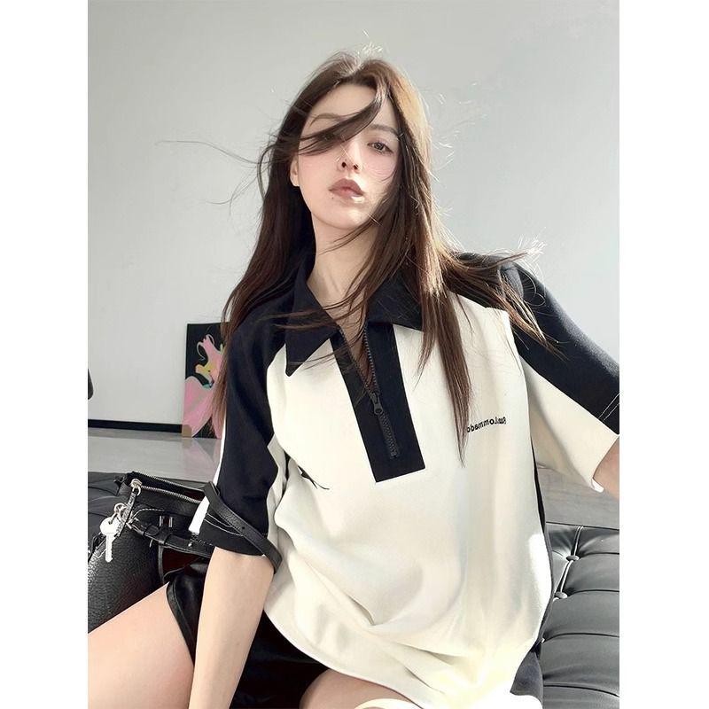 

Женская футболка свободного кроя с воротником поло в корейском стиле: Черно-белый колор-блок, короткий рукав, уникальный и стильный для лета XL