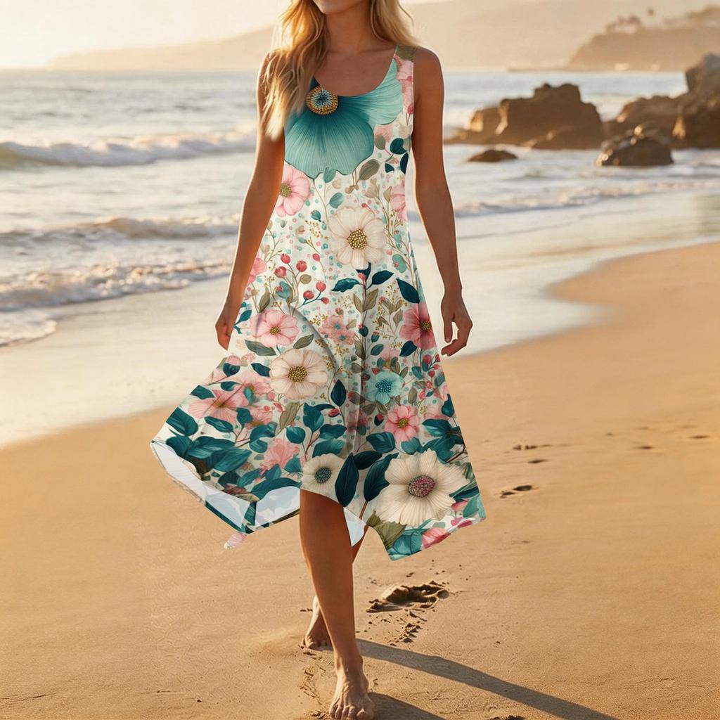 Women's Casual Fashion Sleeveless Floral Print Dress Scoop Neck Irregular Hem Mid-Length Summer Dress