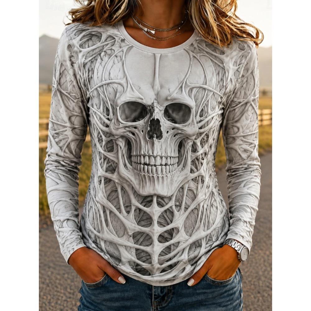 Tops for Women Skull Print Round Neck Long Sleeve T-shirt Fall Casual Slim Pullover Women's Long Sleeve Top