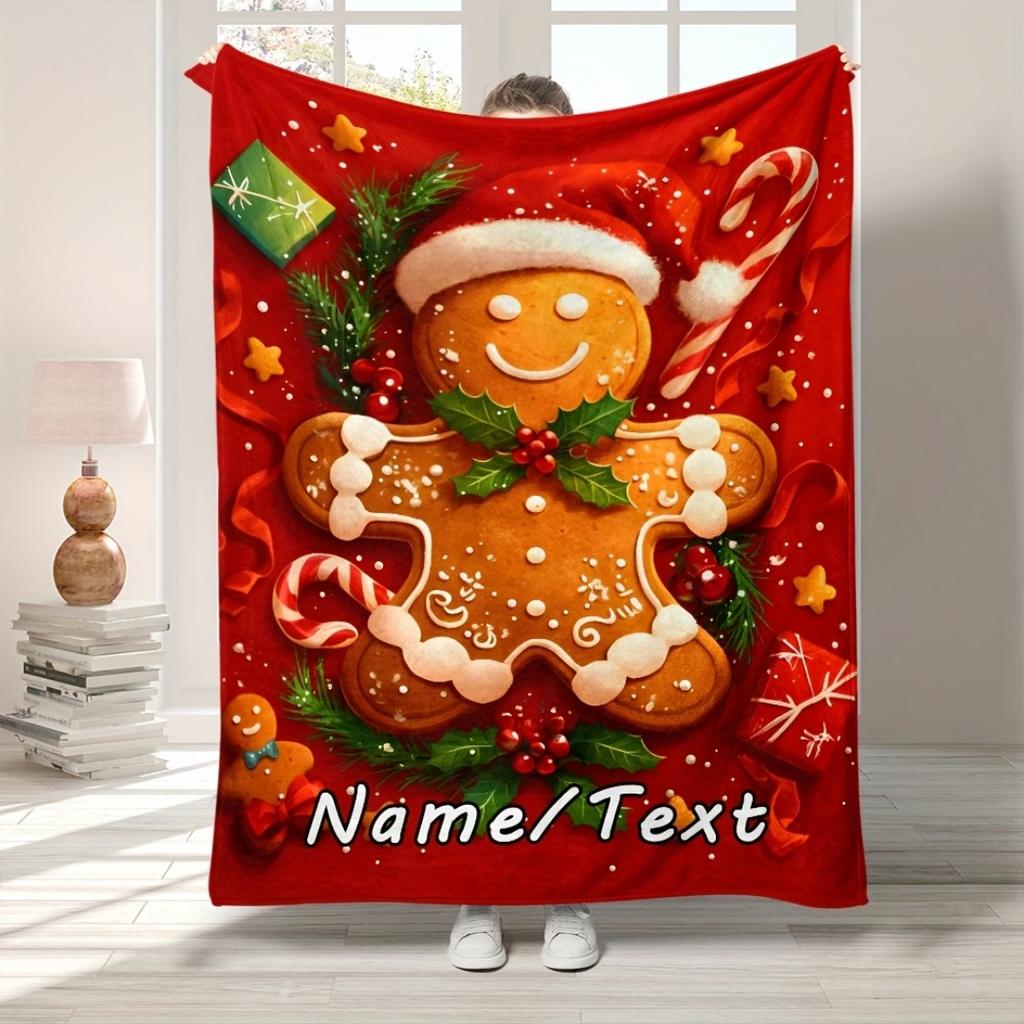 1pc Red Christmas Blanket Candy Gingerbread Man Printed Skin-Friendly Soft Blanket  New for Home Christmas Decoration
