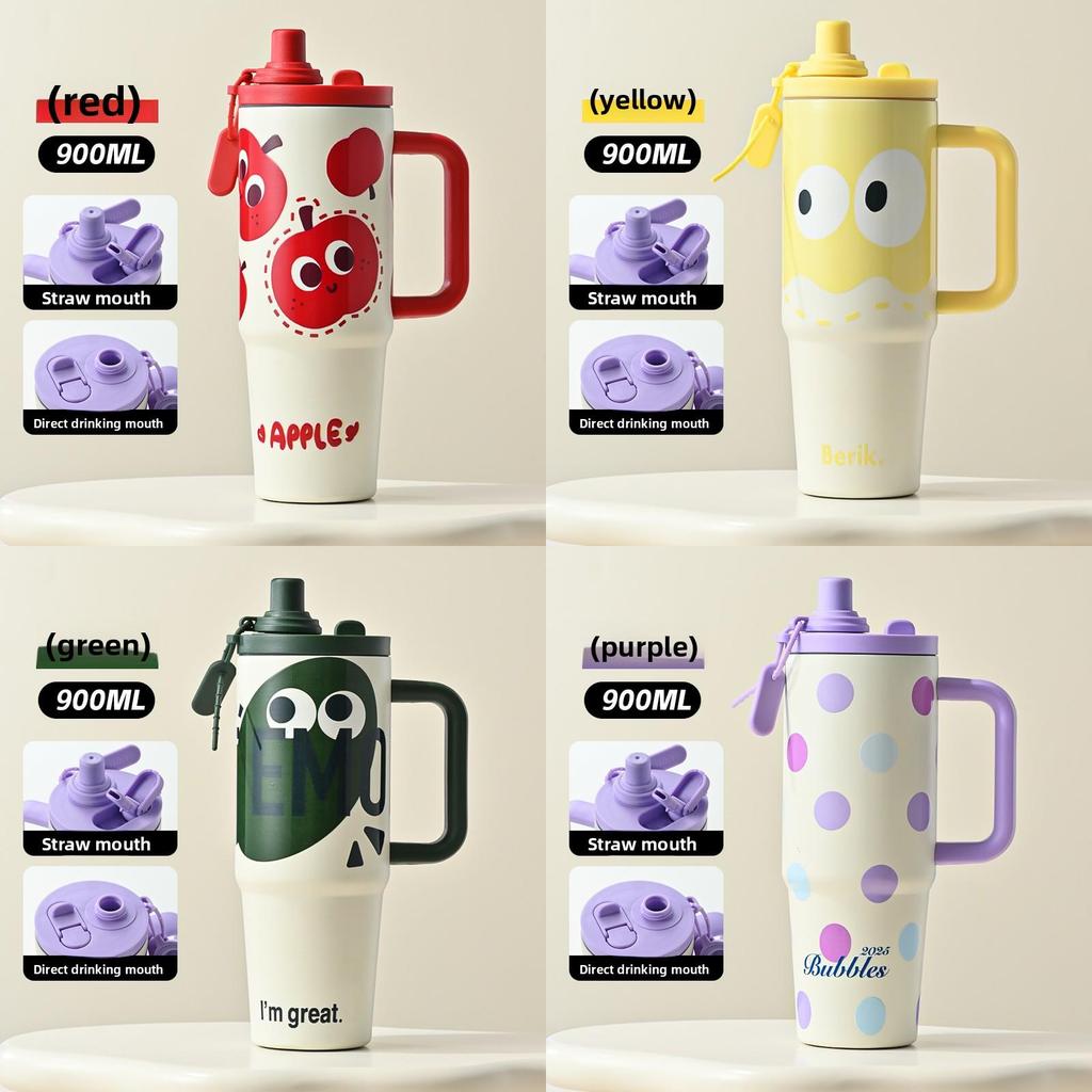 Cartoon Style Vacuum Insulated Cup Stainless Steel Car Mug With Straw And Thickened Body For Outdoors