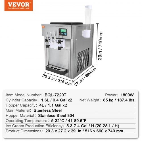 VEVOR Commercial Ice Cream Machine, 21 QT/H Yield, 1800W 3-Flavor Countertop Soft Serve Ice Cream Maker, 2 X 4L Hopper 2 X 1.8L Cylinder