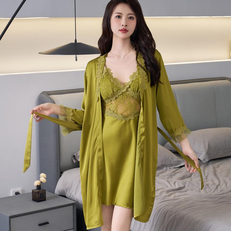 New women's sexy nightgown suspenders spring and summer ice silk backless hollowed pajamas nightgown two-piece set loungewear