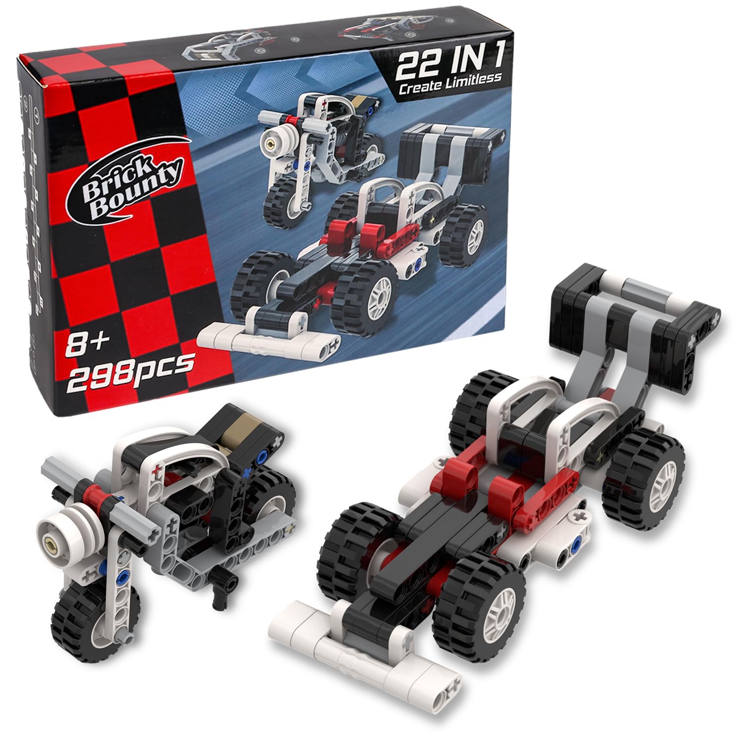 

BrickBounty Набор игрушек 22 в 1 Гоночный автомобиль и мотоцикл Конструктор Трансформируется из автомобиля в MOC (289 штук), Самокат, Робот, Вертолет,