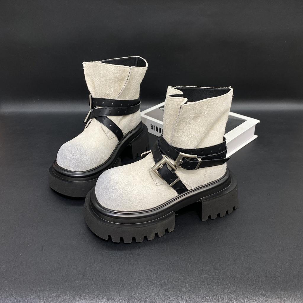 Retro belt buckle thick-soled Martin boots for women's 2025 new fashionable versatile casual and comfortable rhubarb boots