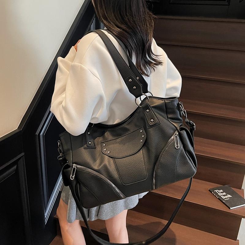 PU Shoulder Bag Women's Fashion Tote with Star Stud Detail and Dual Side Zip Pockets
