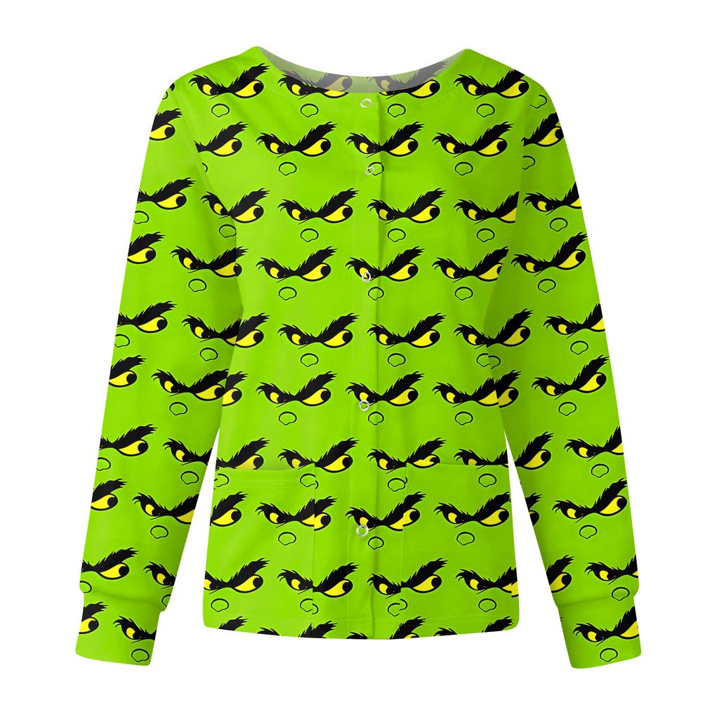 Women's Casual Fashion Long Sleeve Standing Collar Single Breasted Christmas Print Workwear Jacket Tops