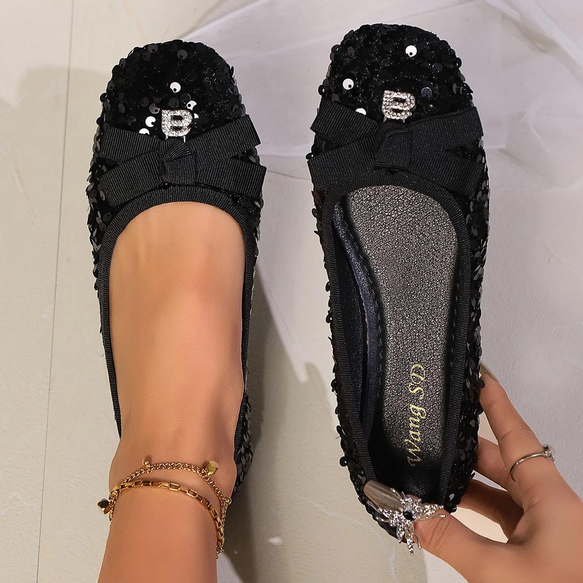 

Модне Осіннє Жіноче Взуття на Плоскій Підошві з Круглим Носком, Блискучі Балетки з Бантом-Метеликом, Взуття для Жінок, Повсякденне Взуття Сліпони для Прогулянок на Відкритому Повітрі 40 чорний