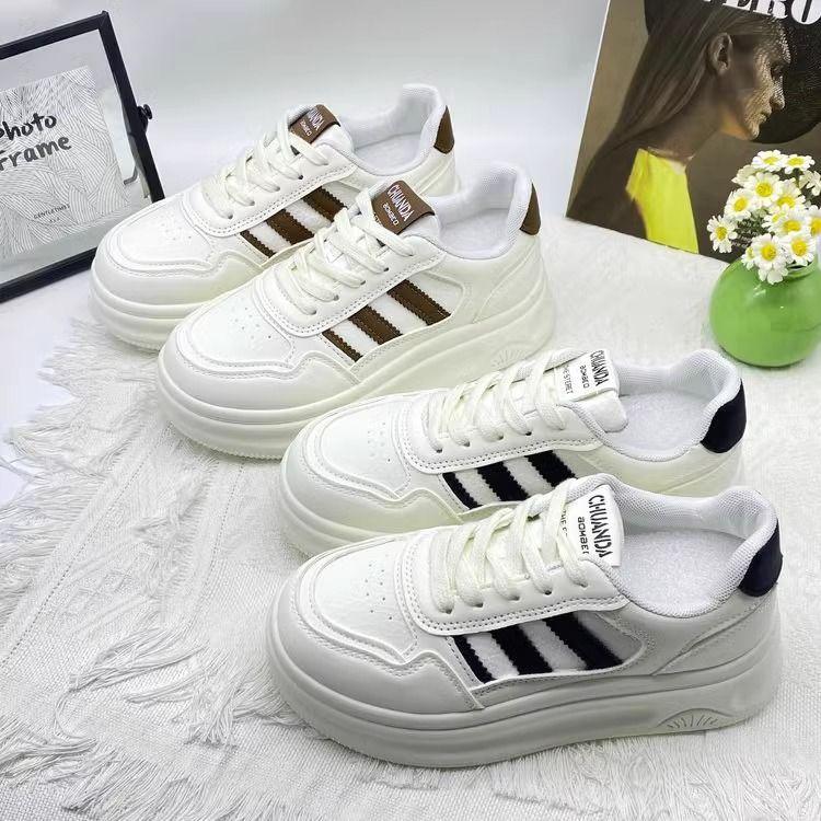 College Style Striped Little White Shoes Women's Shoes Popular 2025 Spring New Versatile Thick-soled Lightweight Casual Board Shoes