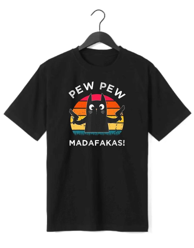 Pew Pew Madafakas funny t-shirt with crazy cat and guns