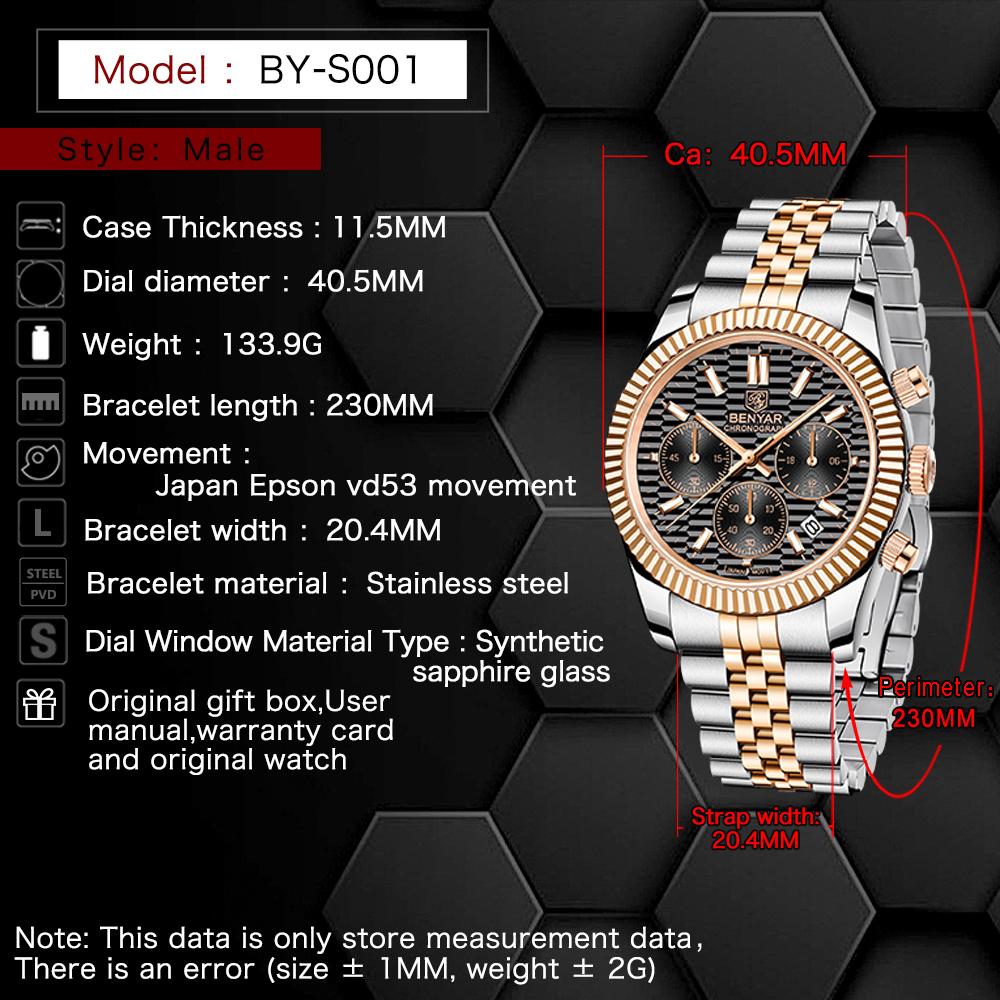 BENYAR Mens Watches Top Brand Luxury Stainless Steel Waterproof Quartz Watch Men Fashion Casual Sport