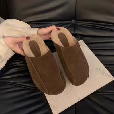 Fashion Women Thick-soled Shoes Closed Toe Round Toe Suede Half Slippers Women Autumn Winter New Flat Slingback Slip-on Cotton Slippers