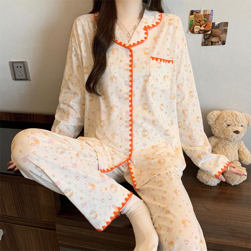 Roter gepunkteter Pyjama Damen High-End Frühling und Herbst Cartoon Muschel bestickter Rand Langarm Loungewear Set