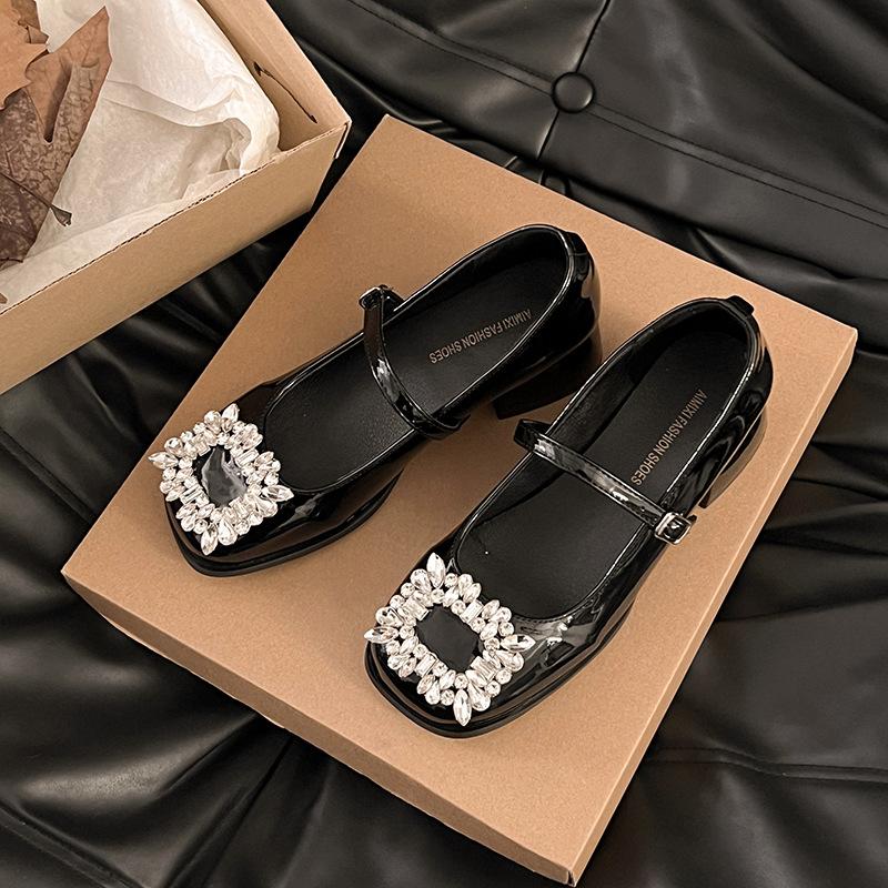 French Thick Heel Square Head Mary Jane Small Leather Shoes Women's Spring 2025 New Rhinestone Square Buckle Light Mouth Color Matching Shoes