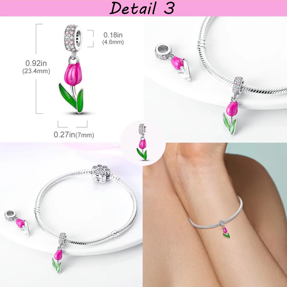 Copper Plated Spring Pink Happiness Tulip Flower Dangle Charm Fit Bracelets Necklaces Color Bead Charms Women Jewellery Making Supplies