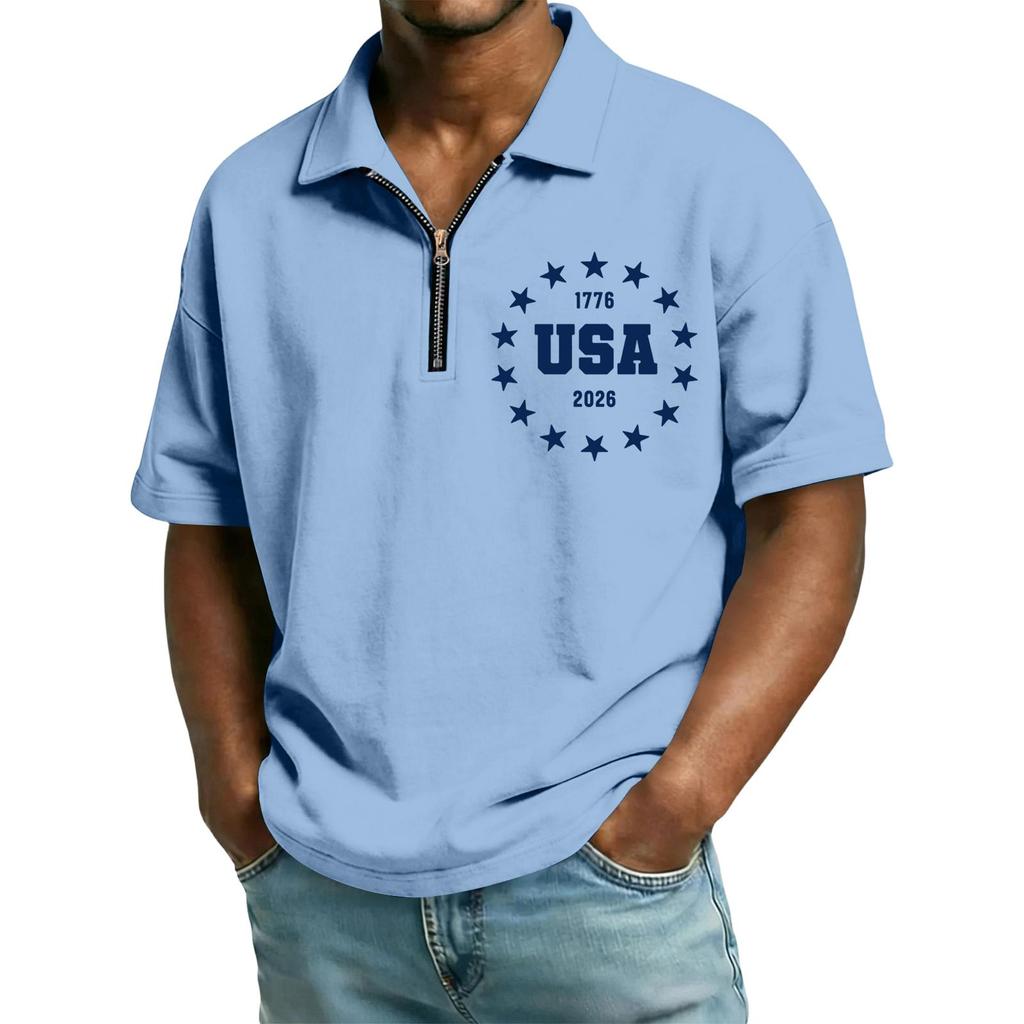 Men's Casual Loose Fit Polo Shirt with Zip Front Collar and Star Circle Letter Print USA Graphic Short Sleeve Top for Summer