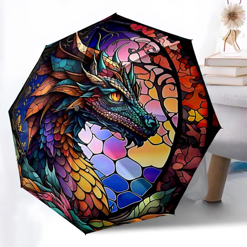 1pc Stained Glass Dragon Compact Travel Umbrella, Automatic Folding Lightweight Windproof 8-Bone Reinforced Design, 012087