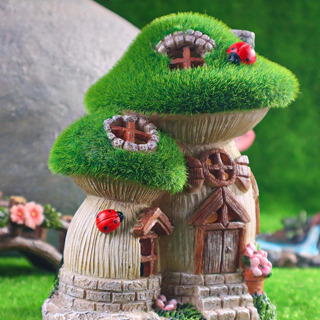 Charm Mushroom House Solar Lighted Outdoor Statue Waterproof Resin Patios Garden Decoration Ornament For Night Gardens